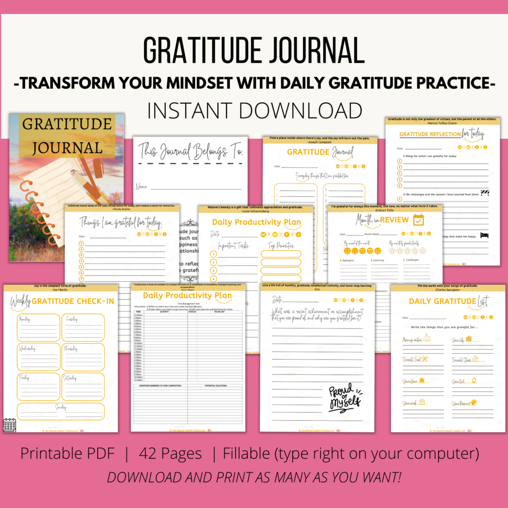 Gratitude Journal, gratitude workbooks, therapy handouts,